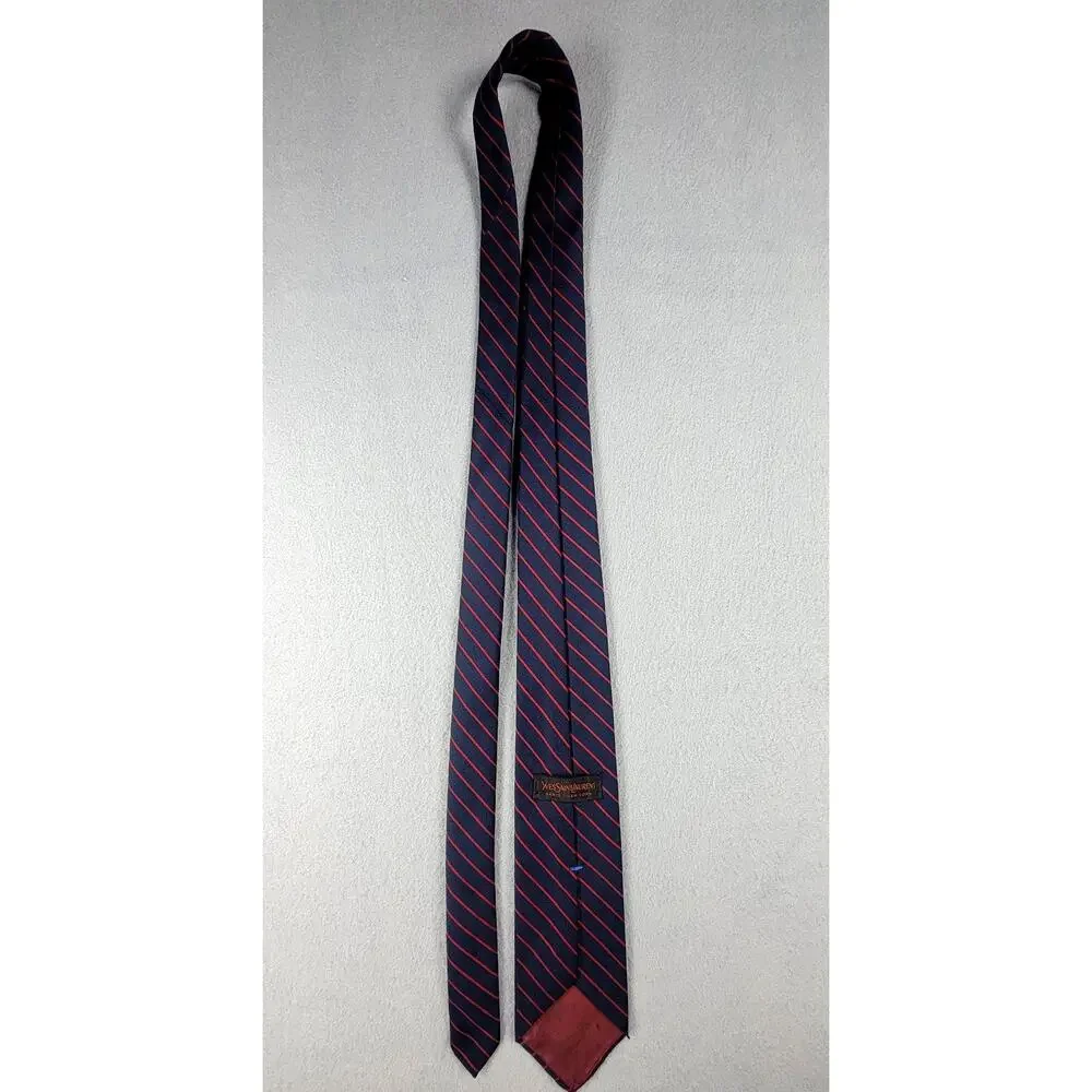 Vintage Yves Saint Laurent Navy Red Striped Tie YSL Logo